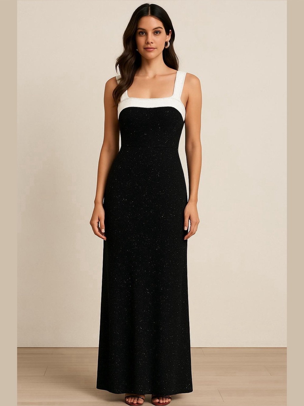 VTG Ronnie Nicole Black White Sparkle Maxi Dress Gown Size 10P Stretch USA Glam